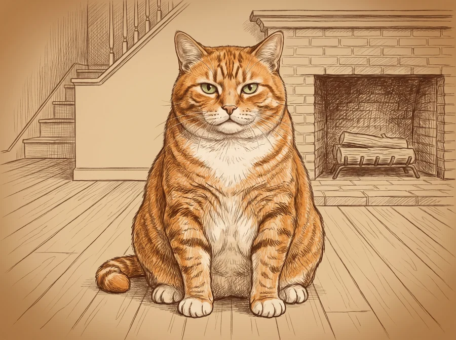 Cuddles, a big orange marmalade tabby cat with green eyes, drawn in pencil