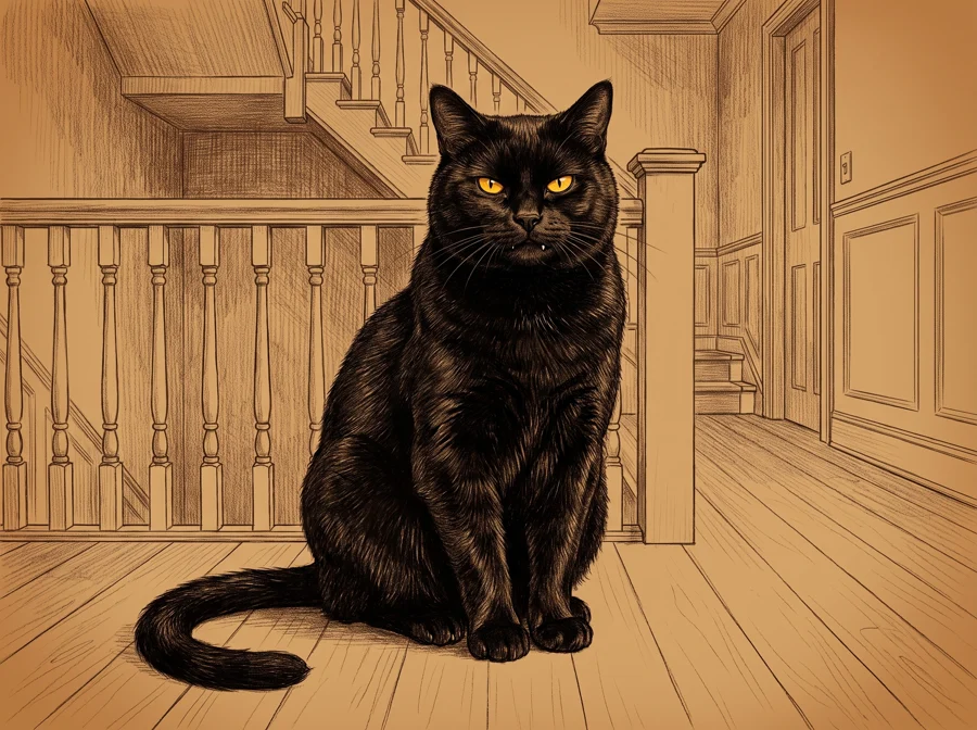 Shadow, an all-black cat with golden-yellow eyes, drawn in pencil
